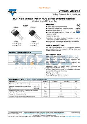 VIT2060G-M3-4W datasheet - Dual High-Voltage Trench MOS Barrier Schottky Rectifier