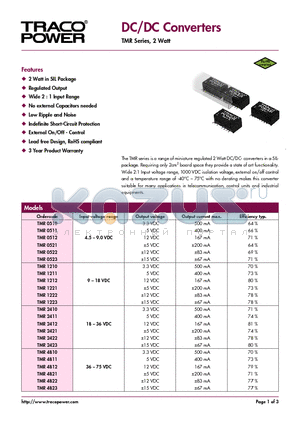 TMR datasheet - DC/DC Converters - TMR Series, 2 Watt