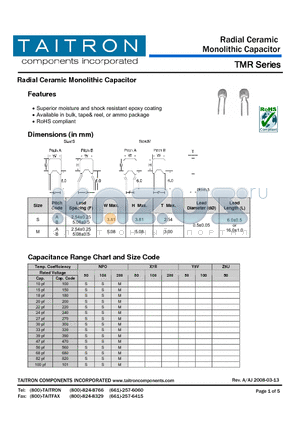 TMR datasheet - Radial Ceramic Monolithic Capacitor