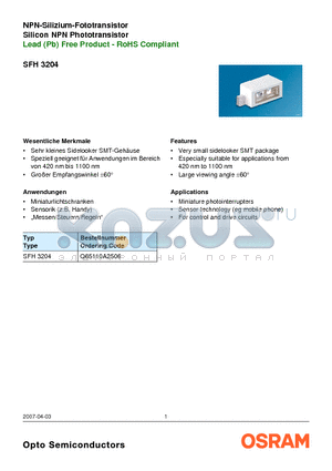 SFH3204 datasheet - Silicon NPN Phototransistor