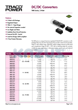 TMR1221 datasheet - DC/DC Converters - TMR Series, 2 Watt