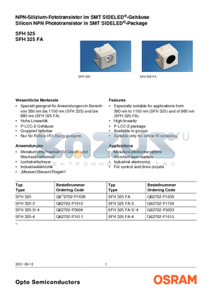 SFH325-4 datasheet - Silicon NPN Phototransistor in SMT SIDELED^-Package