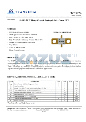 TC2997A datasheet - 1.6 GHz 20 W Flange Ceramic Packaged GaAs Power FETs