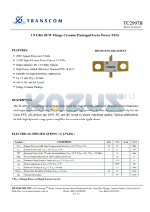 TC2997B datasheet - 1.9 GHz 20 W Flange Ceramic Packaged GaAs Power FETs