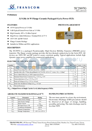 TC2997G datasheet - 3.5 GHz 16WFlange Ceramic Packaged GaAs Power FETs