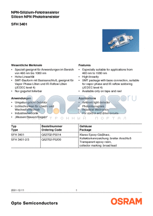 SFH3401-3 datasheet - NPN-Silizium-Fototransistor