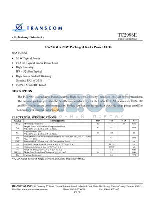 TC2998E datasheet - 2.5-2.7GHz 20W Packaged GaAs Power FETs