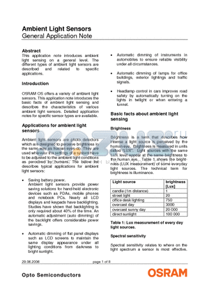 SFH3410_13 datasheet - This application note introduces ambient light sensing on a general level. The different types of ambient light sensors are described and related to specific applications.