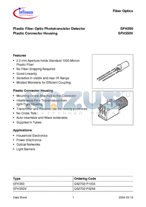 SFH350 datasheet - Plastic Fiber Optic Phototransistor Detector Plastic Connector Housing