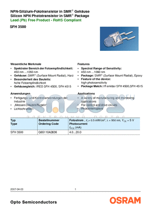 SFH3500 datasheet - Silicon NPN Phototransistor in SMR^ Package