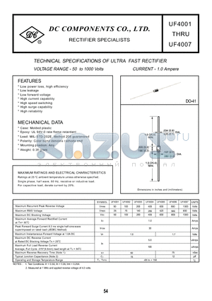 UF4001 datasheet - TECHNICAL SPECIFICATIONS OF ULTRA FAST RECTIFIER