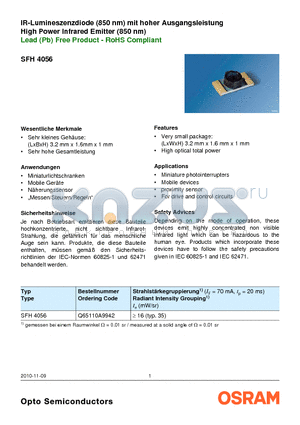SFH4056 datasheet - IR-Lumineszenzdiode (850 nm) mit hoher Ausgangsleistung