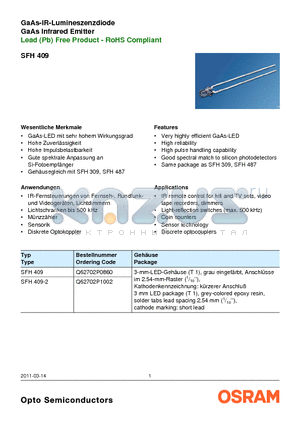 SFH409 datasheet - GaAs-IR-Lumineszenzdiode