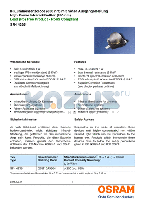 SFH4236 datasheet - IR-Lumineszenzdiode (850 nm) mit hoher Ausgangsleistung