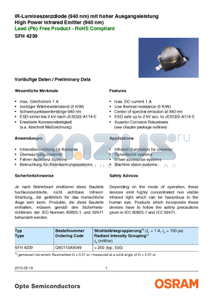SFH4239 datasheet - IR-Lumineszenzdiode (940 nm) mit hoher Ausgangsleistung