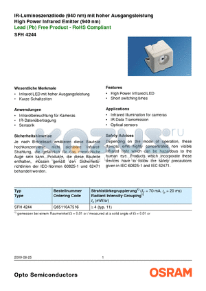 SFH4244 datasheet - IR-Lumineszenzdiode (940 nm) mit hoher Ausgangsleistung