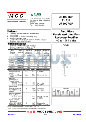 UF4001GP datasheet - 1 Amp Glass Passivated Ultra Fast Recovery Rectifier 50 to 1000 Volts