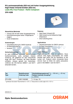 SFH4250 datasheet - High Power Infrared Emitter (850 nm)