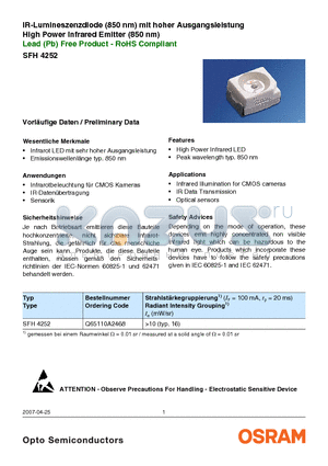 SFH4252 datasheet - High Power Infrared Emitter (850 nm)