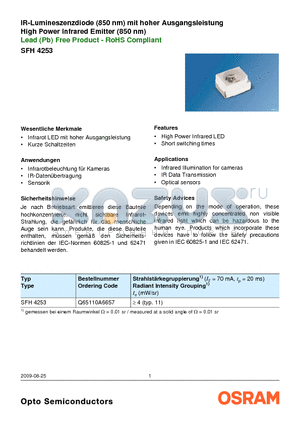 SFH4253 datasheet - IR-Lumineszenzdiode (850 nm) mit hoher Ausgangsleistung