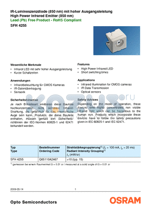 SFH4255 datasheet - High Power Infrared Emitter (850 nm)