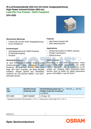 SFH4255 datasheet - 10IR-Lumineszenzdiode (850 nm) mit hoher Ausgangsleistung