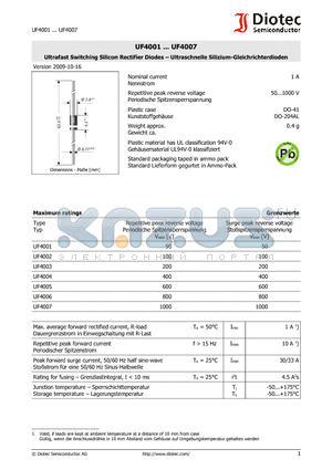 UF4001_09 datasheet - Ultrafast Switching Silicon Rectifier Diodes  Ultraschnelle Silizium-Gleichrichterdioden