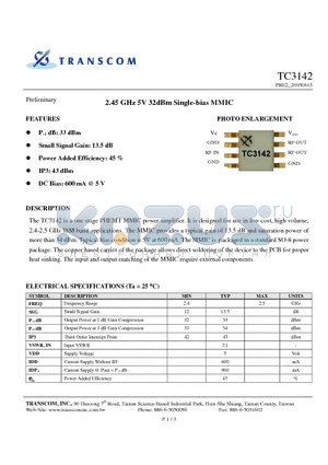 TC3142 datasheet - 2.45 GHz 5V 32dBm Single-bias MMIC