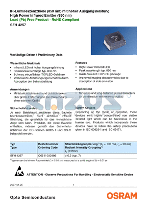 SFH4257 datasheet - High Power Infrared Emitter (850 nm)