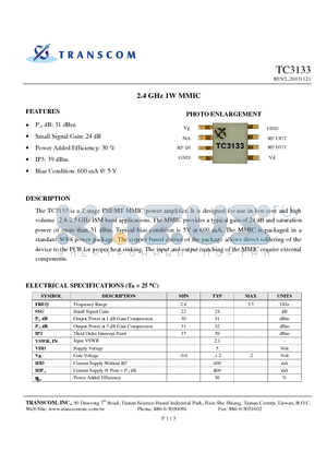 TC3133 datasheet - 2.4 GHz 1W MMIC