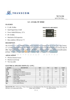 TC3139 datasheet - 2.3 - 2.5 GHz 1W MMIC