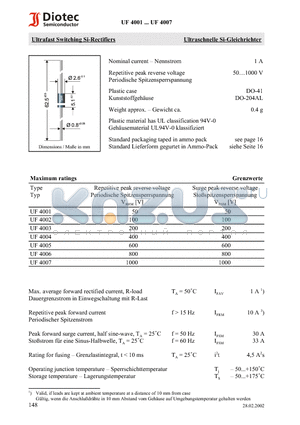 UF4002 datasheet - Ultrafast Switching Si-Rectifiers