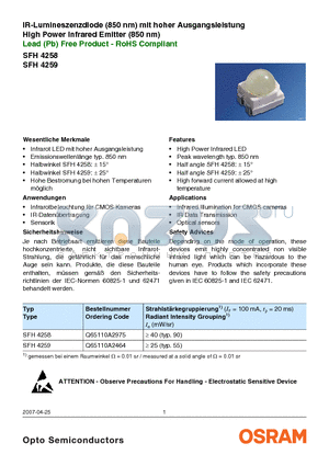 SFH4259 datasheet - High Power Infrared Emitter (850 nm)