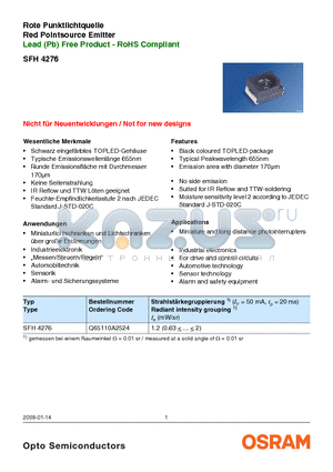 SFH4276 datasheet - Rote Punktlichtquelle Red Pointsource Emitter Lead (Pb) Free Product - RoHS Compliant