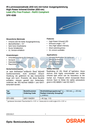 SFH4350_12 datasheet - IR-Lumineszenzdiode (850 nm) mit hoher Ausgangsleistung