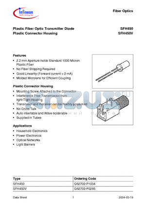 SFH450 datasheet - Plastic Fiber Optic Transmitter Diode Plastic Connector Housing