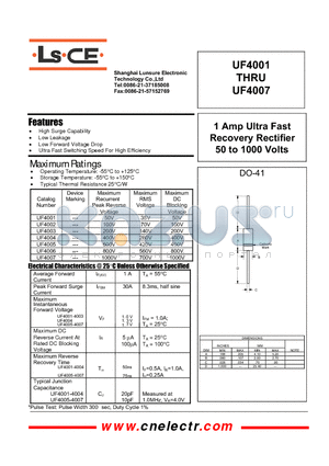 UF4002 datasheet - 1Amp ultra fast recovery rectifier 50to1000 volts