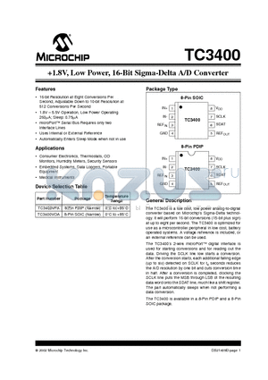 TC3400 datasheet - 1.8V, Low Power, 16-Bit Sigma-Delta A/D Converter