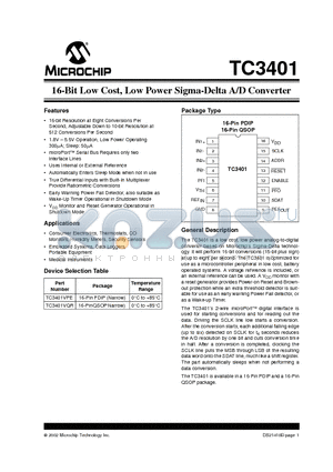 TC3401 datasheet - 16-Bit Low Cost, Low Power Sigma-Delta A/D Converter