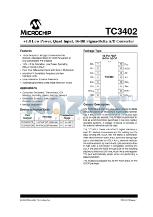 TC3402 datasheet - 1.8 Low Power, Quad Input, 16-Bit Sigma-Delta A/D Converter