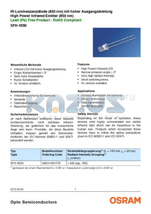 SFH4550 datasheet - IR-Lumineszenzdiode (850 nm) mit hoher Ausgangsleistung