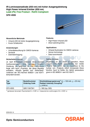 SFH4555 datasheet - IR-Lumineszenzdiode (850 nm) mit hoher Ausgangsleistung
