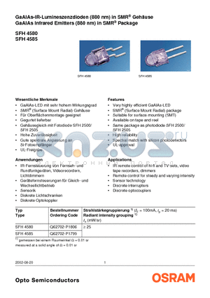 SFH4580 datasheet - GaAlAs Infrared Emitters (880 nm) in SMR^ Package