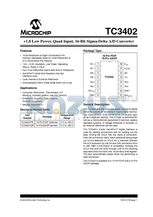 TC3402VQR datasheet - 1.8 Low Power, Quad Input, 16-Bit Sigma-Delta A/D Converter