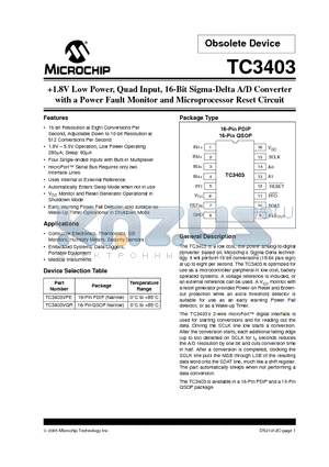 TC3403VQR datasheet - 1.8V Low Power, Quad Input, 16-Bit Sigma-Delta A/D Converter with a Power Fault Monitor and Microprocessor Reset Circuit