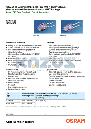 SFH4585 datasheet - GaAlAs-IR-Lumineszenzdioden (880 nm) in SMR^ Gehuse