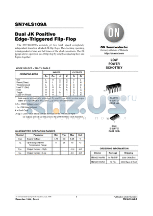 SN74LS109 datasheet - LOW POWER SCHOTTKY