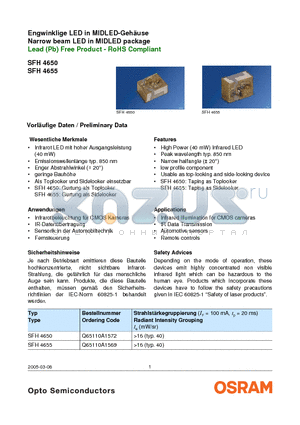 SFH4650 datasheet - Engwinklige LED in MIDLED-Gehause