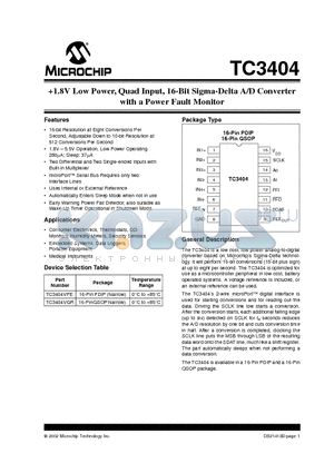 TC3404 datasheet - 1.8V Low Power, Quad Input, 16-Bit Sigma-Delta A/D Converter with a Power Fault Monitor