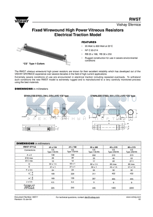 RWST25X138NICS datasheet - Fixed Wirewound High Power Vitreous Resistors Electrical Traction Model